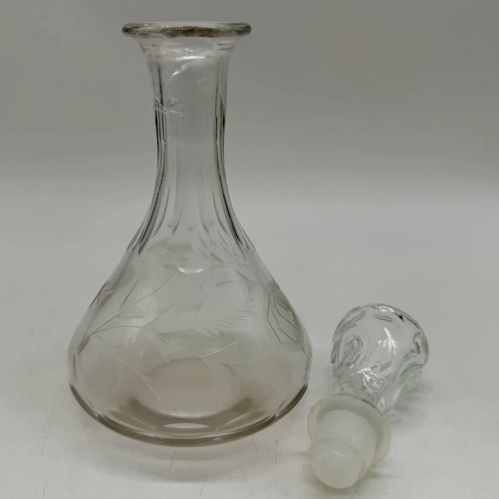 Vintage Etched Glass Decanter Floral Rose Pattern Clear Wine Liquor Bottle